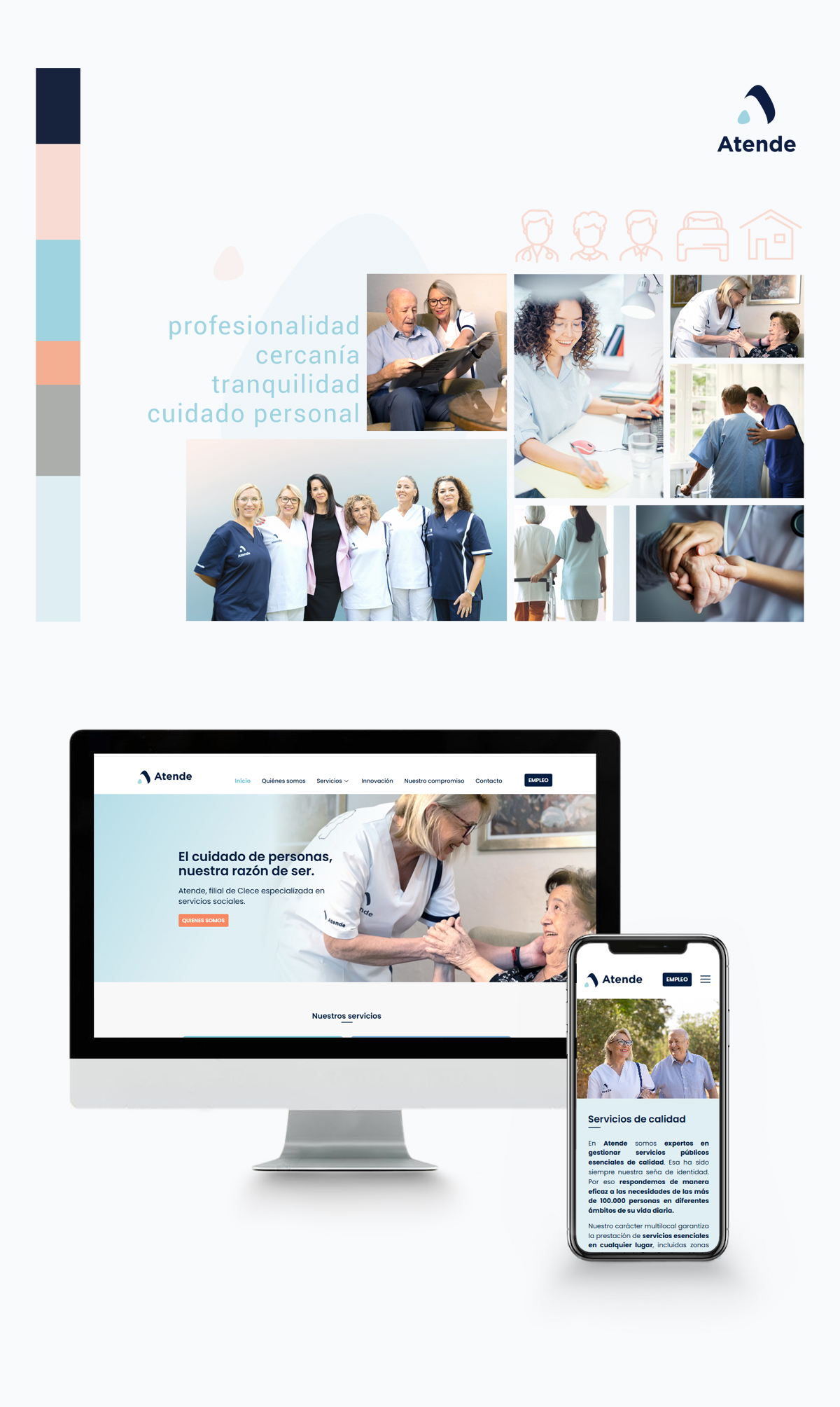 Moodboard de Atende y mockup del diseño web responsive
