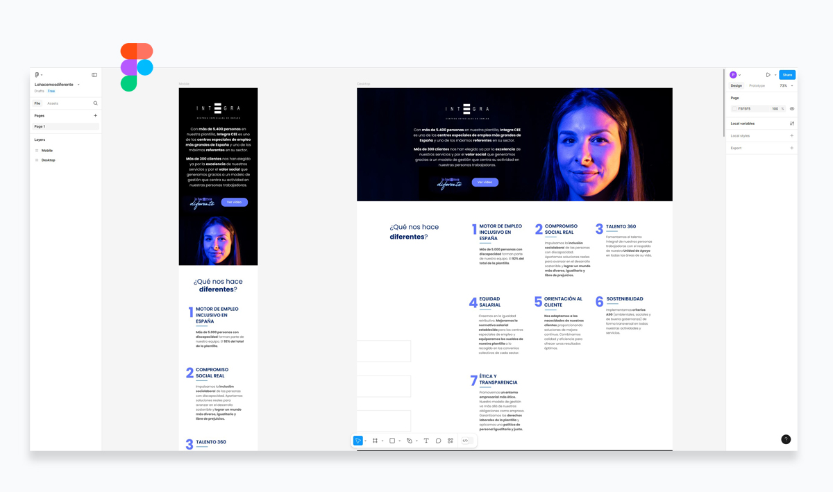 Captura de pantalla de Figma, trabajando en el proyecto web de Lo hacemos diferente.