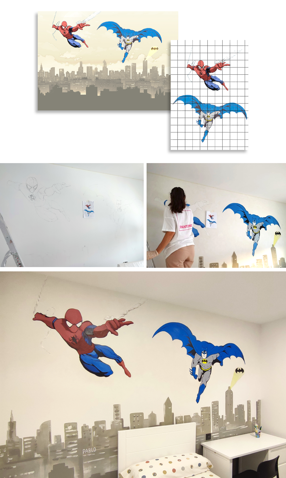 Proceso de pintura mural con superhérores